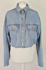 TOPSHOP Moto Blue Denim Jacket size Uk 8 Womens Cropped Button Up Outdoors